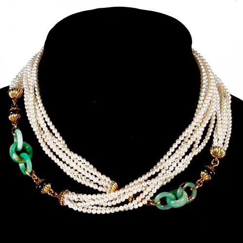 Cultured pearl, jade and 14k gold sautoir necklace