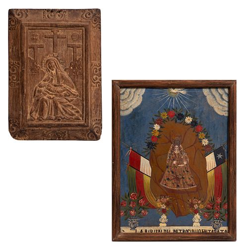 ANÓNIMOS. Inicios del SXX. La Piedad y La Virgen del patrocinio en Tarata. Talla en madera y óleo sobre lámina de zinc. Pzs: 2