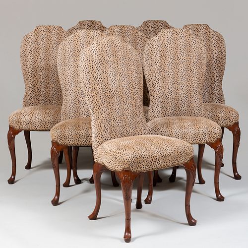 Set of Sixteen George II Style Carved Walnut Upholstered Dining Chairs, of Recent Manufacture
