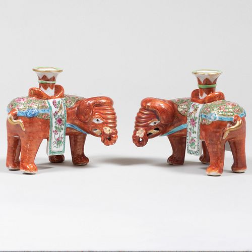 Pair of Chinese Export Porcelain Elephant Form Candle Holders