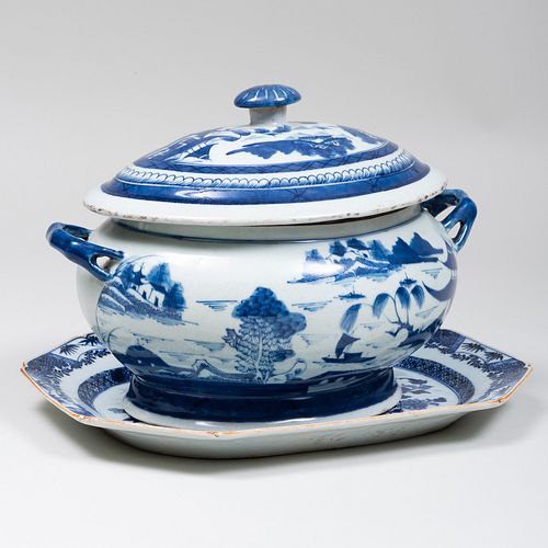 Chinese Blue and White Porcelain Tureen and a Platter