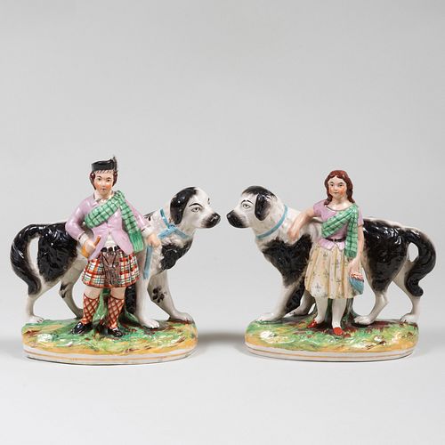 Pair of Staffordshire Pottery Figures of Royal Children with Newfoundland Dogs