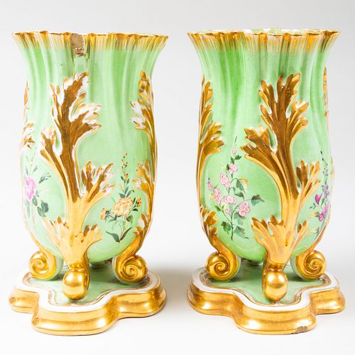 Pair of French Green Ground Porcelain Spill Vases