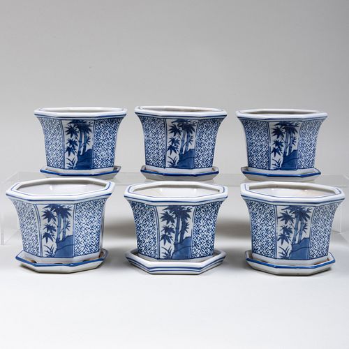 Set of Six Chinese Blue and White Porcelain JardinÃ¨res and Underplates