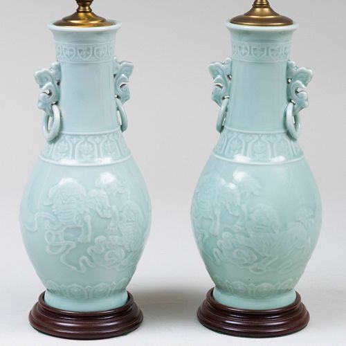 Pair of Chinese Archaistic Celadon Porcelain Vases Mounted as Lamps