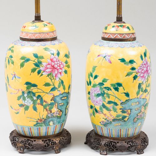 Pair of Chinese Metal-Mounted Yellow Ground Porcelain Jars and Covers Mounted as Lamps