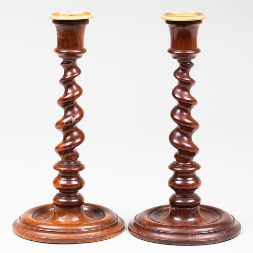 Pair of Victorian Turned Yew Wood Candlesticks