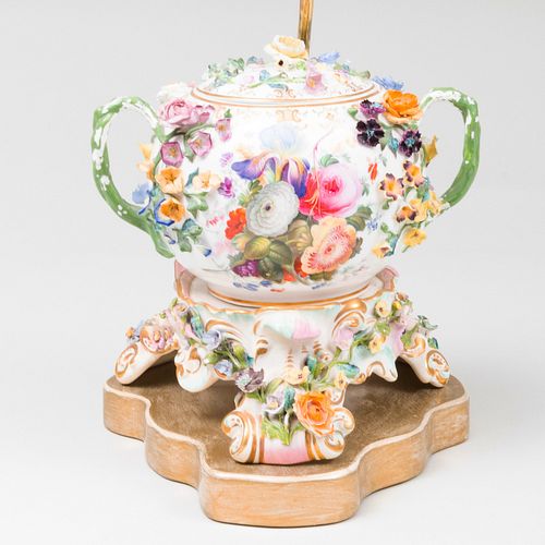 Continental Porcelain Flower Encrusted Topographical Vessel and Stand Mounted as a Lamp