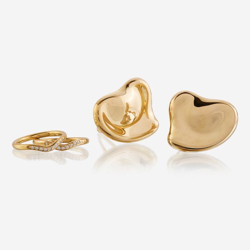 A pair of eighteen karat gold earrings, together with two diamond and eighteen karat gold rings, Tiffany & Co. Elsa Peretti, Spain