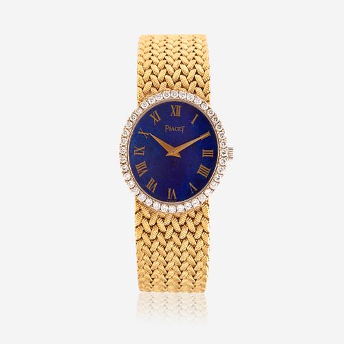 An eighteen karat gold, lapis lazuli, and diamond bracelet wristwatch, Piaget
