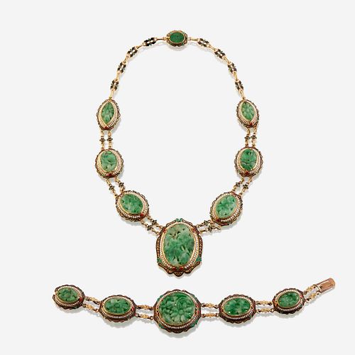A fourteen karat gold, jadeite jade, enamel, and seed pearl necklace with matching bracelet