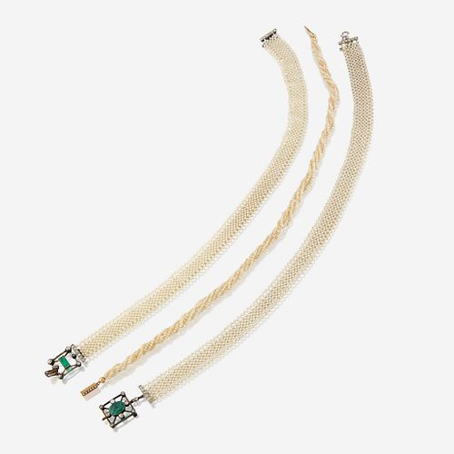 A collection of three seed pearl, gem-set, silver, platinum, and gold chokers