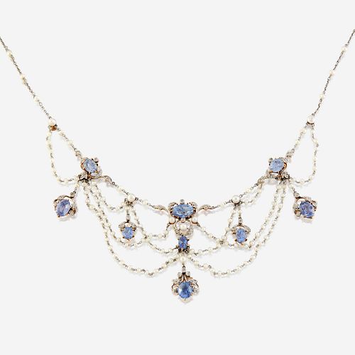 A cultured pearl, sapphire, diamond, platinum topped-gold, and fourteen karat white gold necklace