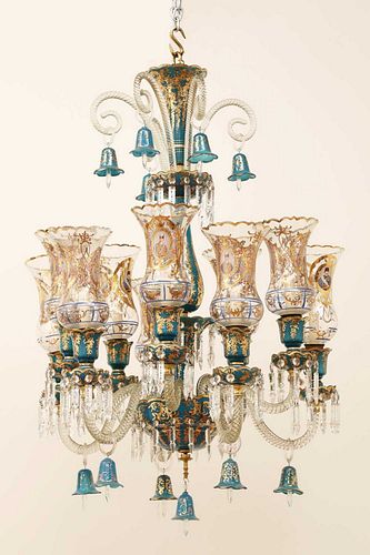 A Bohemian blue and clear glass chandelier for the Persian market,