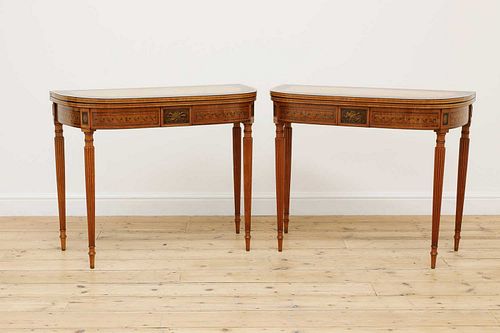 A pair of George III satinwood and painted card tables,