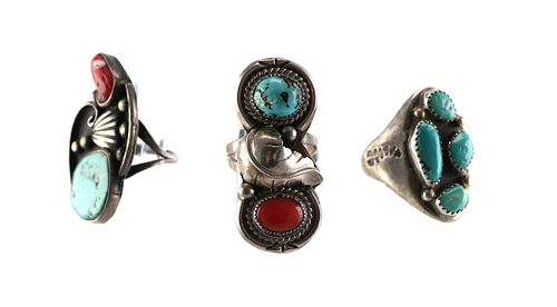 (3) Native American Sterling Turquoise Coral Rings