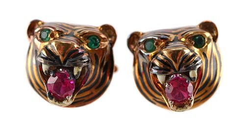Pair 18K Gold Emerald Ruby Tiger Cufflinks