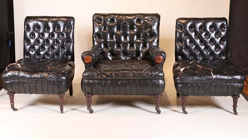 Three Leather and Mahogany Parlor Chairs