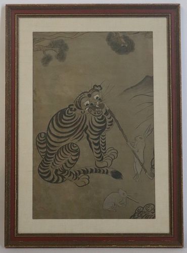 Asian Painting of a Tiger and Rabbits.