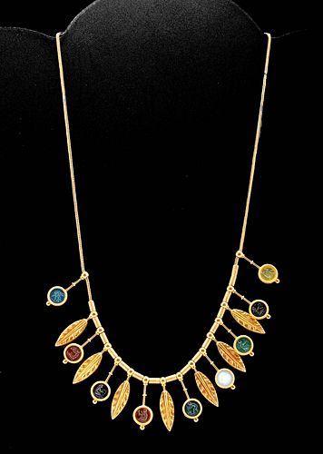 19th C. Etruscan Revival Gold Necklace w/ 9 Intaglios