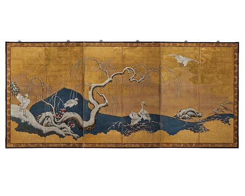 A Japanese painted folding screen