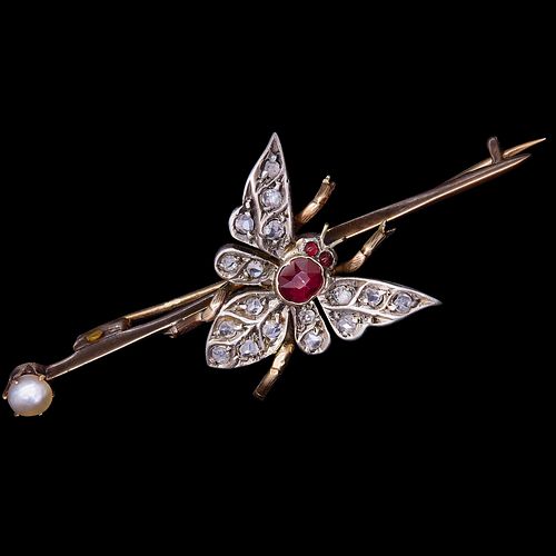 ANTIQUE VICTORIAN DIAMOND, RUBY AND PEARL FLY BROOCH