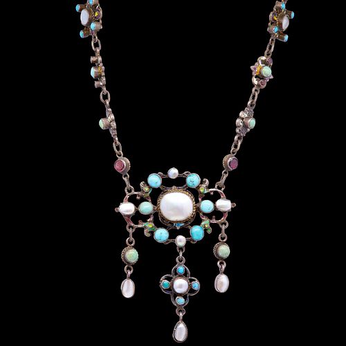 ANTIQUE MOTHER OF PEARL, TURQUOISE, PASTE AND ENAMEL NECKLACE