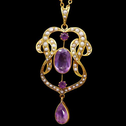 ANTIQUE PEARL AND AMETHYST DROP PENDANT