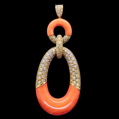 CORAL AND DIAMOND DROP PENDANT NECKLACE