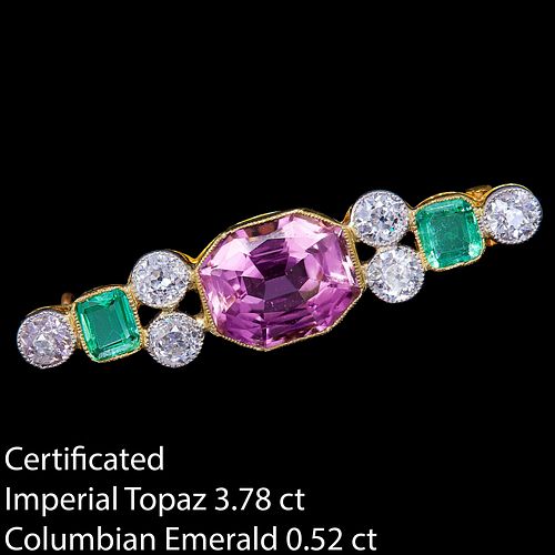 CERTIFICATED IMPERIAL PINK TOPAZ, EMERALD AND DIAMOND BROOCH