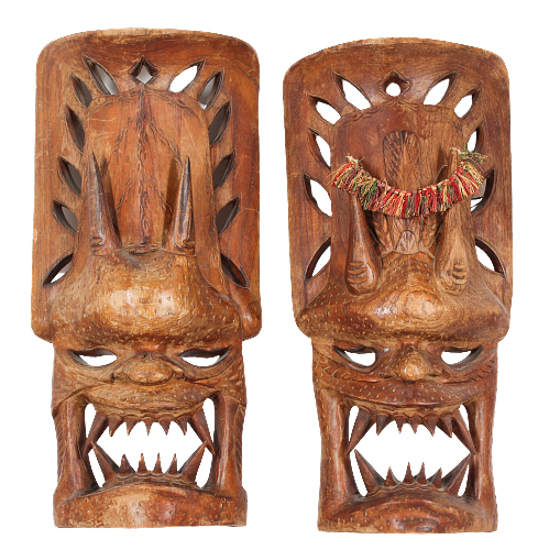 Pair of Large Carved Wood Tiki Masks