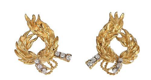 Pair of 18 K Gold Wreath Style Earrings