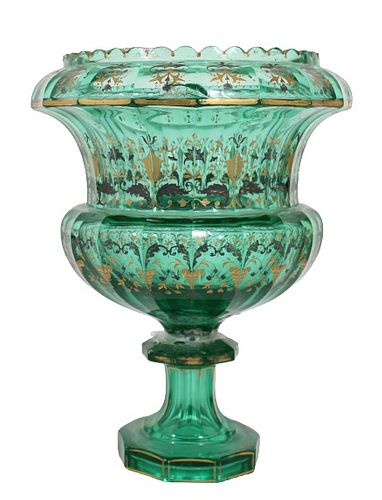 Large Bohemian Green Glass Urn