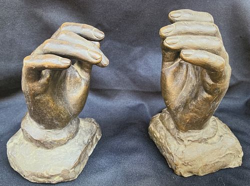 Pair of Bronze Hand Bookends, Signed