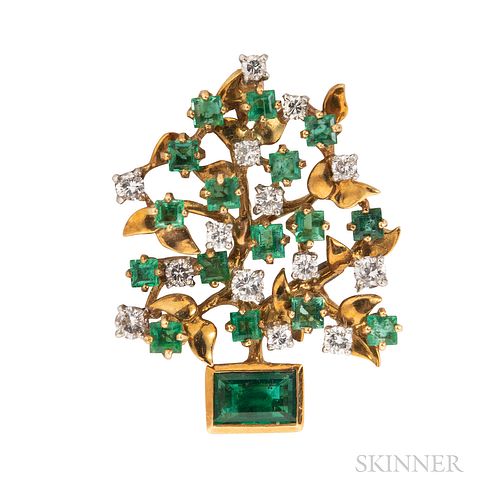 Julius Cohen 18kt Gold, Emerald and Diamond Flowerpot Brooch