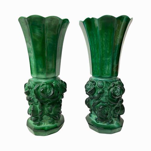 Pr Art Deco Bohemian Malachite Glass Nudes Vases