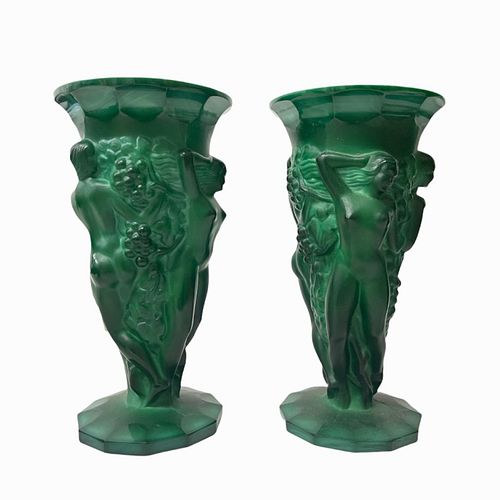Pr Art Deco Bohemian Malachite Glass Roses Vases