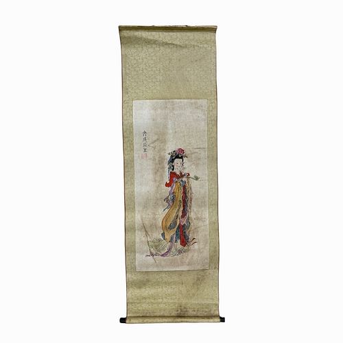 Vintage Chinese Watercolor Of Quan Yin In Scroll