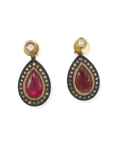 A pair of Indian ruby and diamond earrings