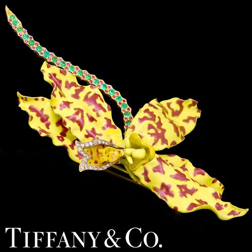 TIFFANY & CO, IMPORTANT ENAMELED AND JEWELLED ORCHID BROOCH