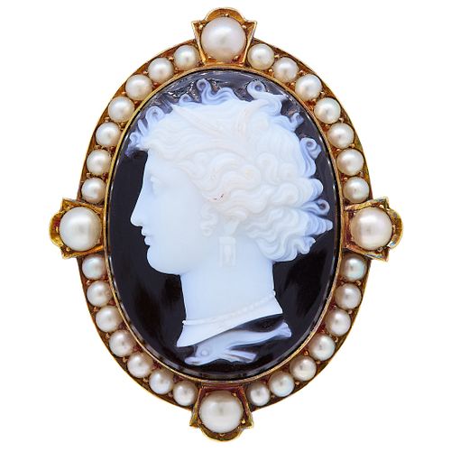 LUIGI ROSI, ROMA. ANTIQUE CARVED HARDSTONE CAMEO AND PEARL BROOCH/PENDANT
