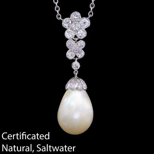 IMPORTANT NATURAL SALTWATER PEARL AND DIAMOND DROP PENDANT NECKLACE