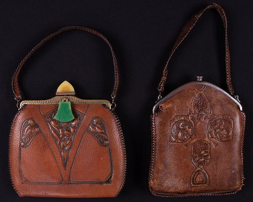 TWO TOOLED LEATHER HANDBAGS, 1910s