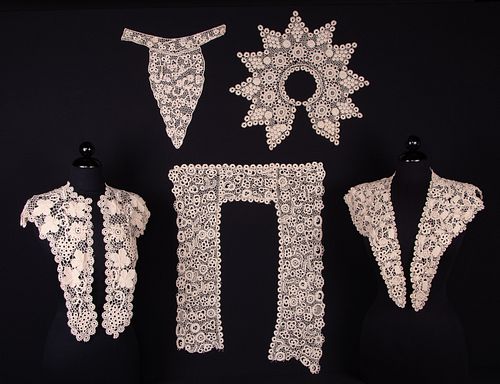 FOUR CROCHET COLLARS & ONE DICKIE, EARLY 20TH C