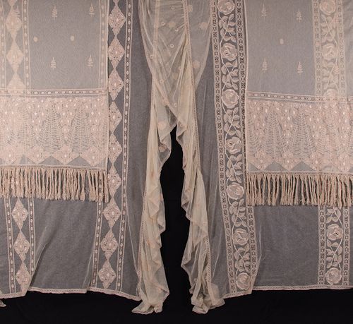 FOUR TAMBOUR EMBROIDERED CURTAINS OR BED COVERINGS