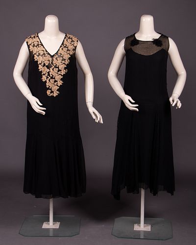 TWO BLACK SILK MOURNING CREPE DRESSES, 1920s
