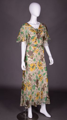 PRINTED CREPE ORGANZA PARTY DRESS, MID 1930s