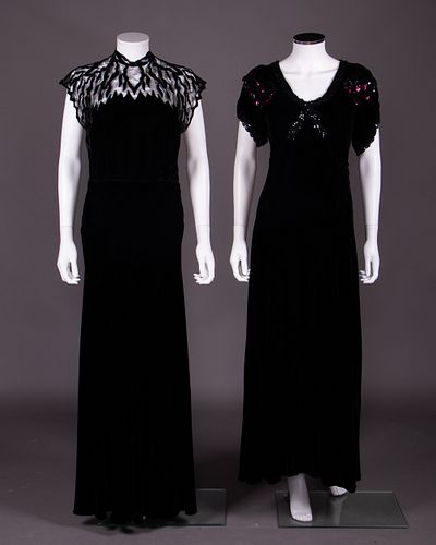 TWO BLACK VELVET EVENING DRESSES, LATE 1930-1940s