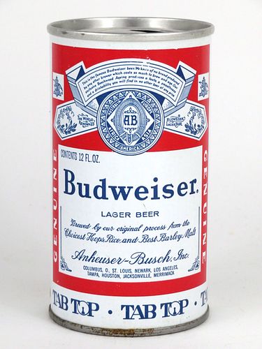 1970 Budweiser Lager Beer 12oz Tab Top Can No Ref., Columbus, Ohio