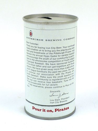 1976 Iron City Beer President's Message 12oz Tab Top Can T79-05, Pittsburgh, Pennsylvania